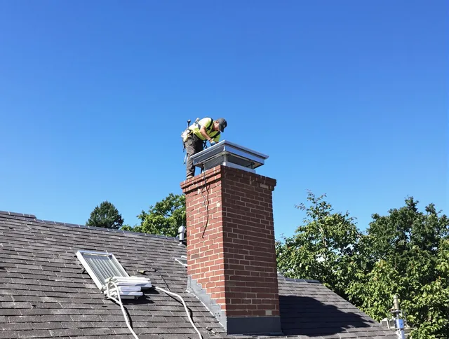 Mansfield Chimney Sweep technician measuring a chimney cap in Mansfield, CT